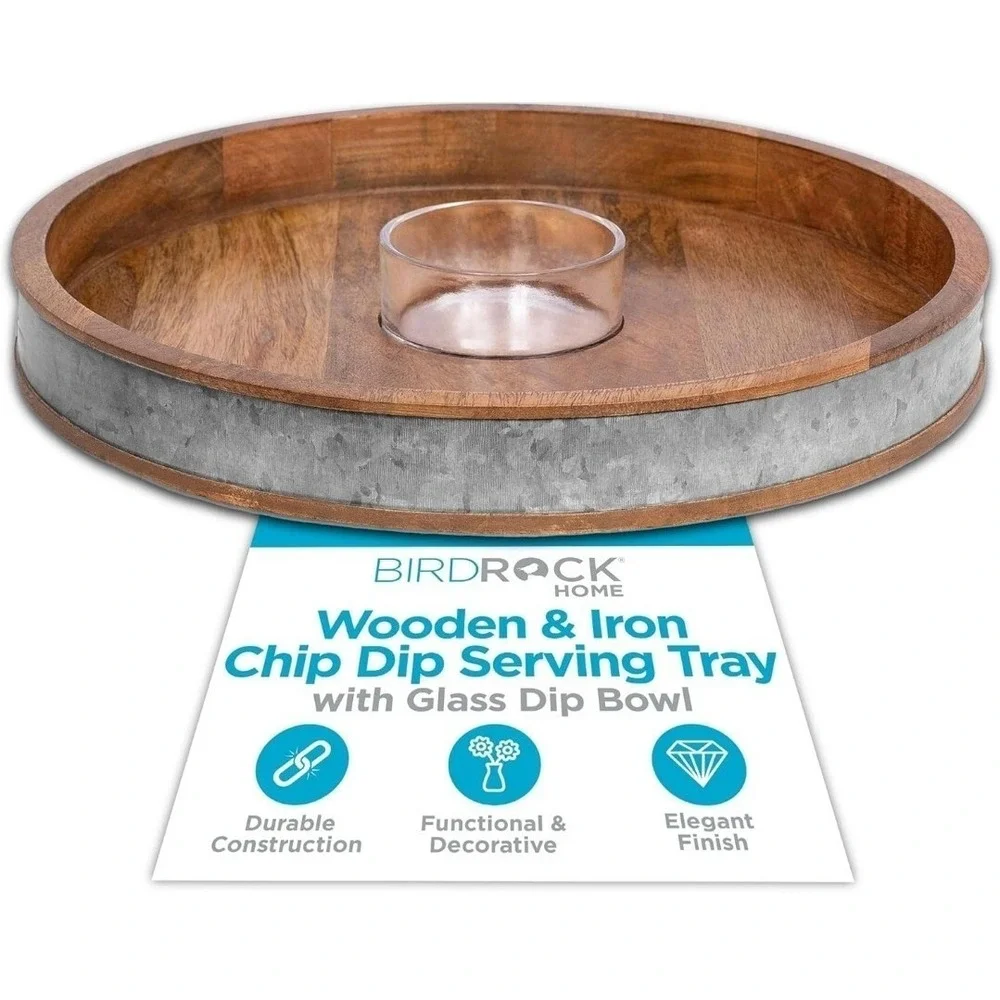 Wooden Iron Chip Dip Serving Tray Cottagecore Party Platter Decor Round Table